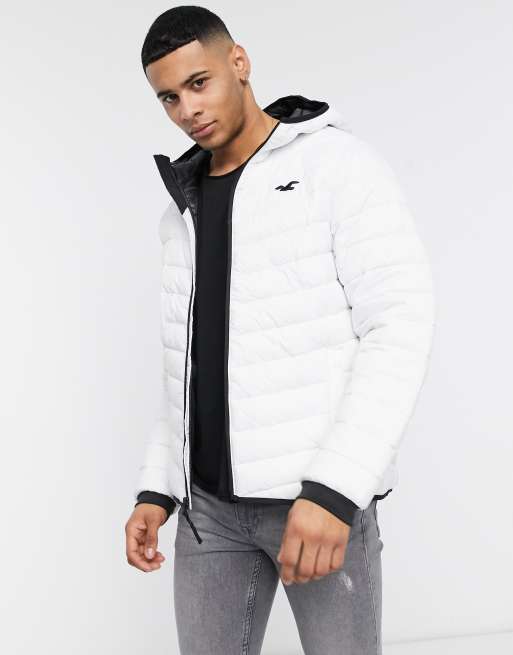 Hollister chevron panels hooded puffer jacket in white ASOS