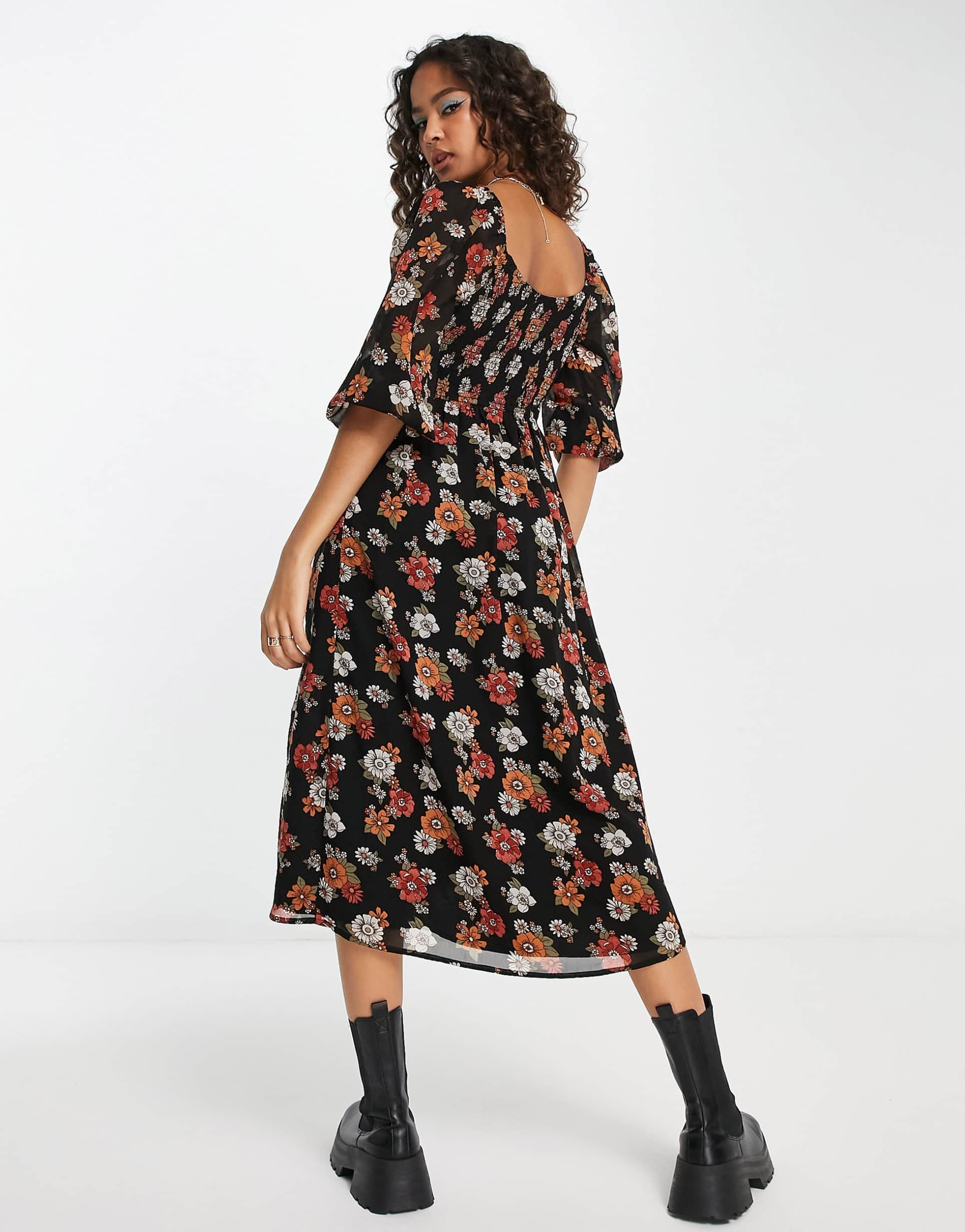 Hollister chiffon long sleeve midi dress in black floral print view 3