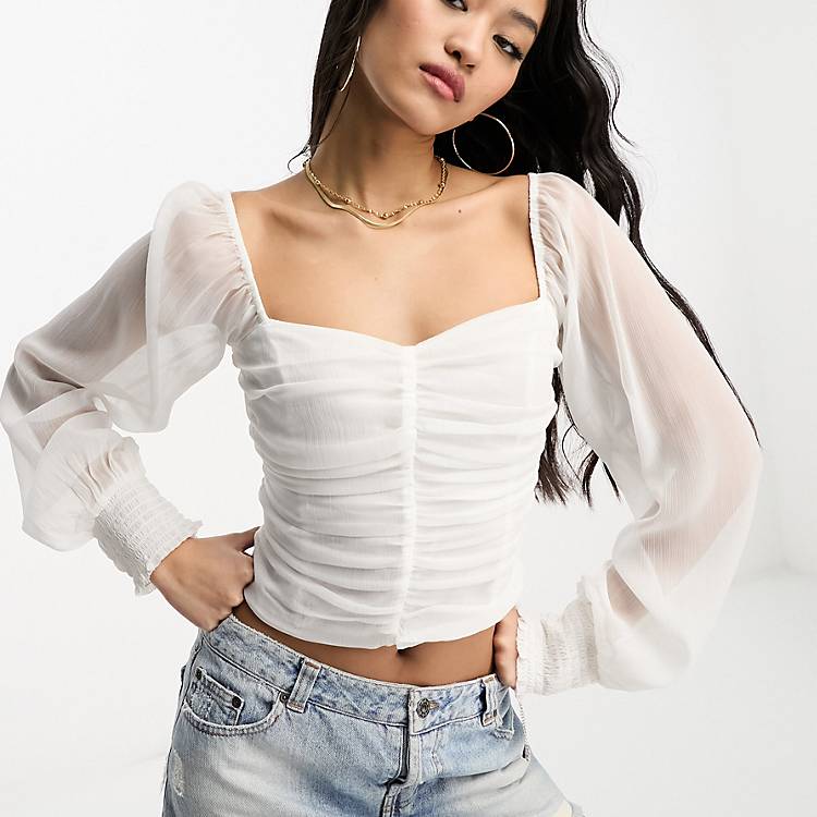 Hollister chiffon long sleeve ruched top in white