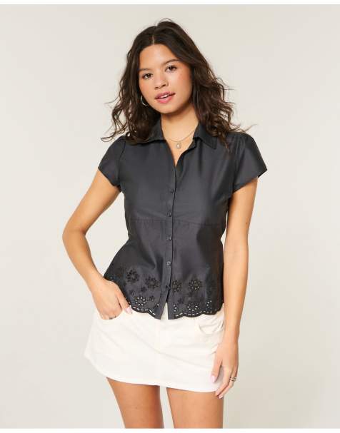 Hollister Ciara short-sleeve embroidered hem shirt in black - view 1