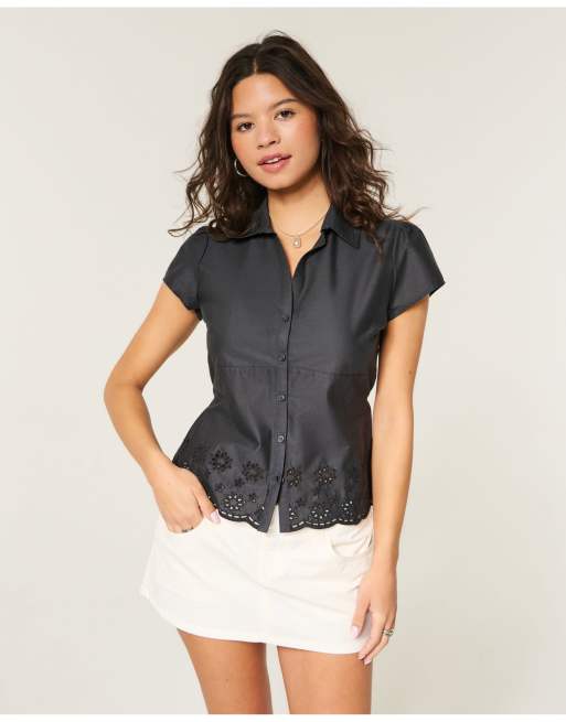 Hollister Ciara short-sleeve embroidered hem shirt in black, 1 of 5