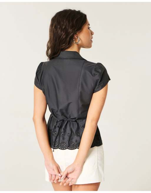 Hollister Ciara short-sleeve embroidered hem shirt in black, 3 of 5