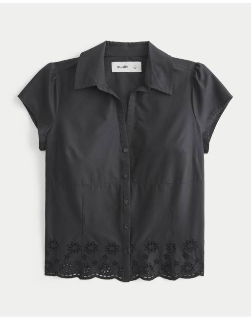 Hollister Ciara short-sleeve embroidered hem shirt in black, 4 of 5