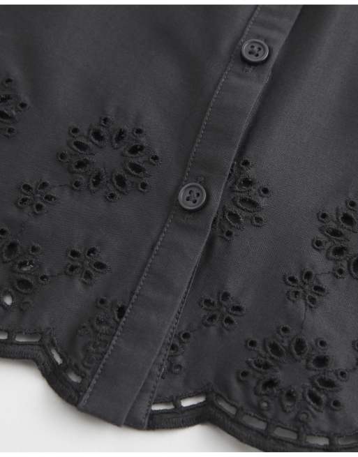 Hollister Ciara short-sleeve embroidered hem shirt in black, 5 of 5