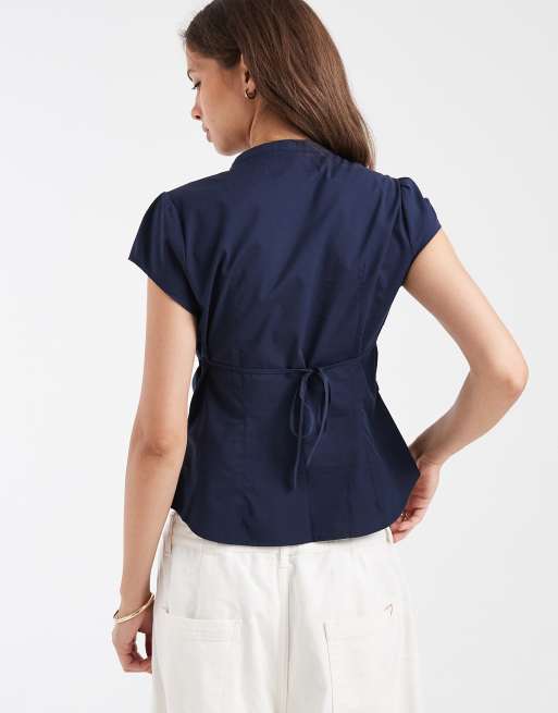 Hollister cinched short sleeve henley shirt in navy, 4 of 4