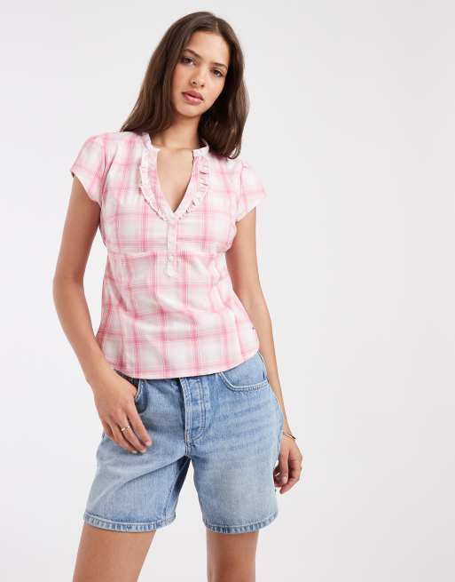 Hollister cinched short sleeve henley shirt in pink plaid