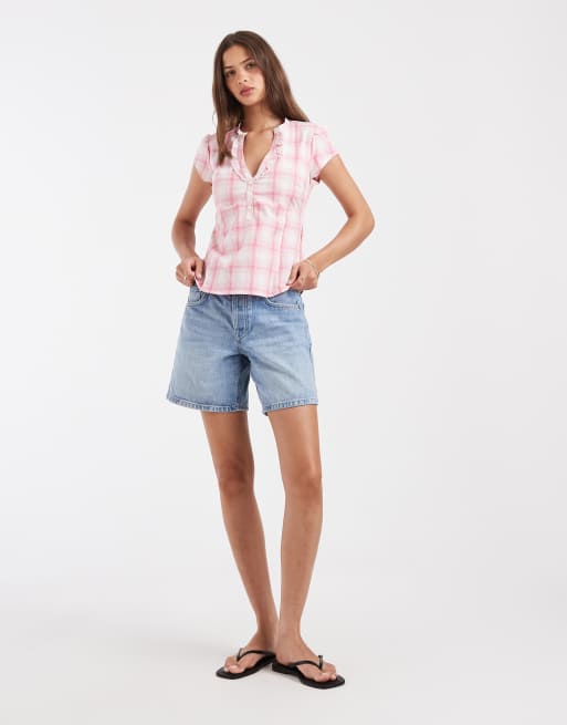 Hollister cinched short sleeve henley shirt in pink plaid, 3 of 4