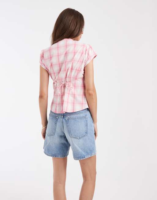 Hollister cinched short sleeve henley shirt in pink plaid, 4 of 4