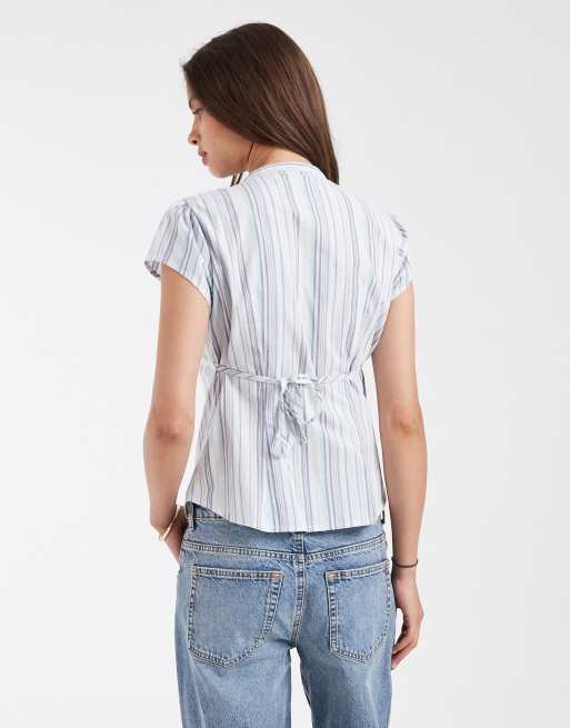 Hollister cinched short sleeve henley shirt in white stripe, 4 of 4