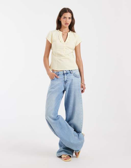 Hollister cinched short sleeve henley shirt in yellow, 3 of 4