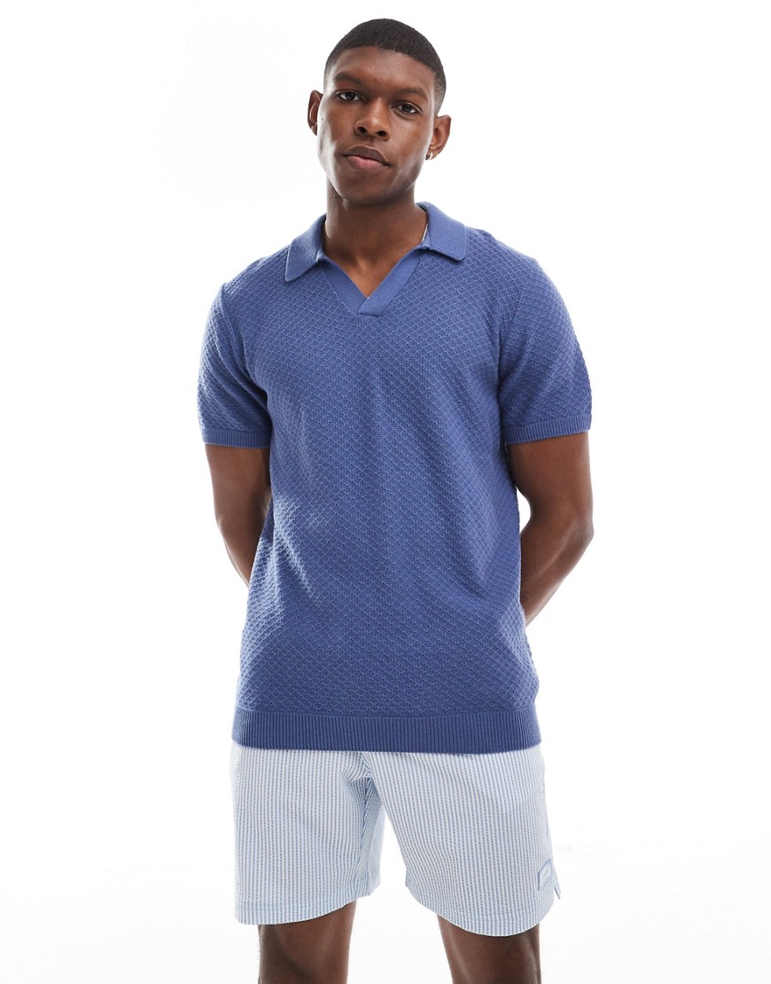 Hollister closed stitch raised stripe knit polo in mid blue
