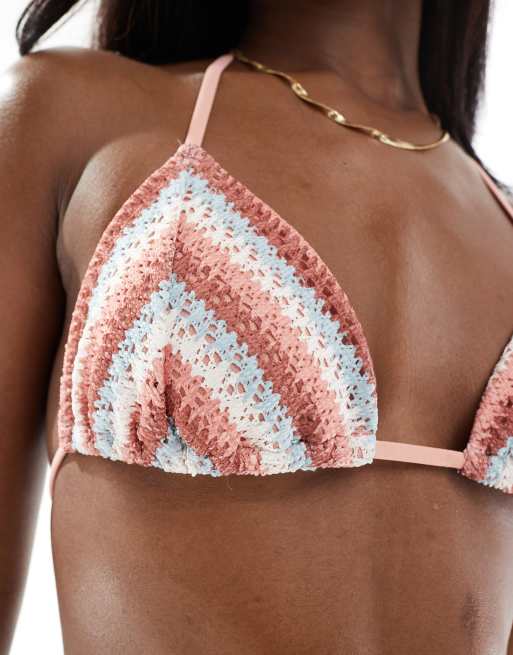 Hollister co ord crochet bikini top with lace up back in multi stripe ASOS