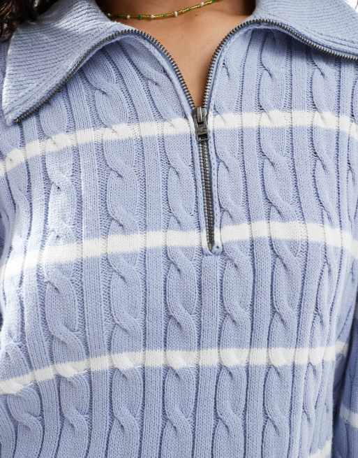 Hollister collared half zip jumper in blue and white stripe ASOS