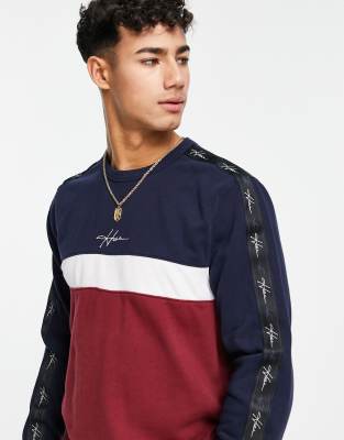 Hollister Color Block Tape Logo Crew Neck Sweatshirt In Navy