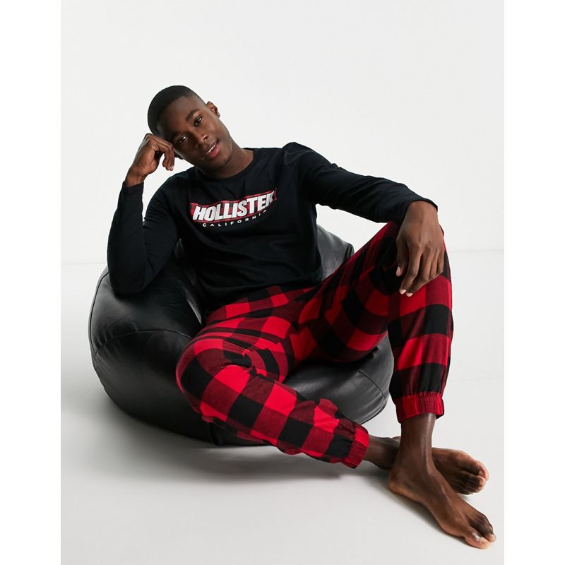 OwzgU Pigiami Hollister - Completo da casa con joggers e top a maniche lunghe rosso a quadri e nero con logo