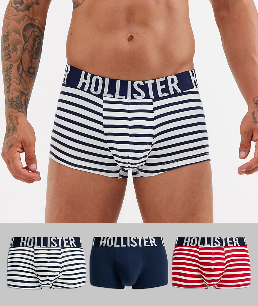 Hollister - Confezione da 3 boxer aderenti tinta unita/a righe con logo in vita rossi/blu navy a righe/blu navy-Multicolore