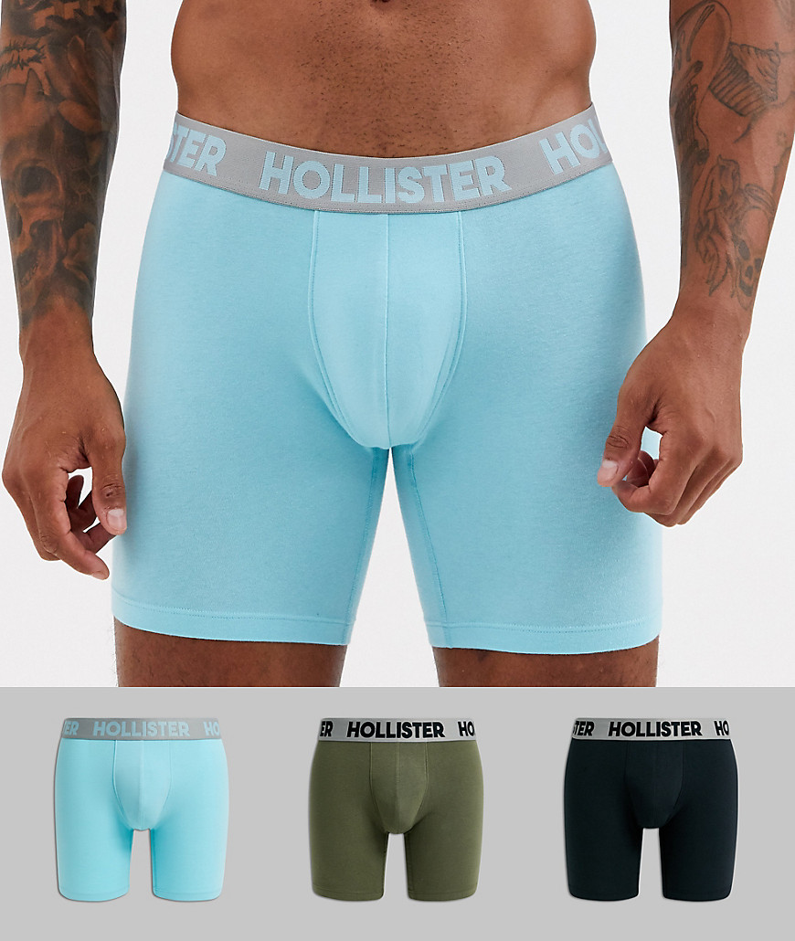 Hollister - Confezione da 3 paia di boxer aderenti tinta unita con fascia in vita con logo argento verde/nero/azzurro-Multicolore