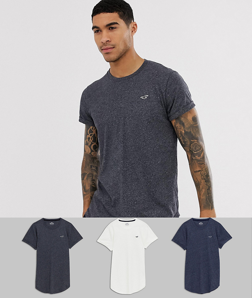 Hollister - Confezione da 3 T-shirt con fondo arrotondato e logo a gabbiano bianco/blu navy/grigio-Multicolore