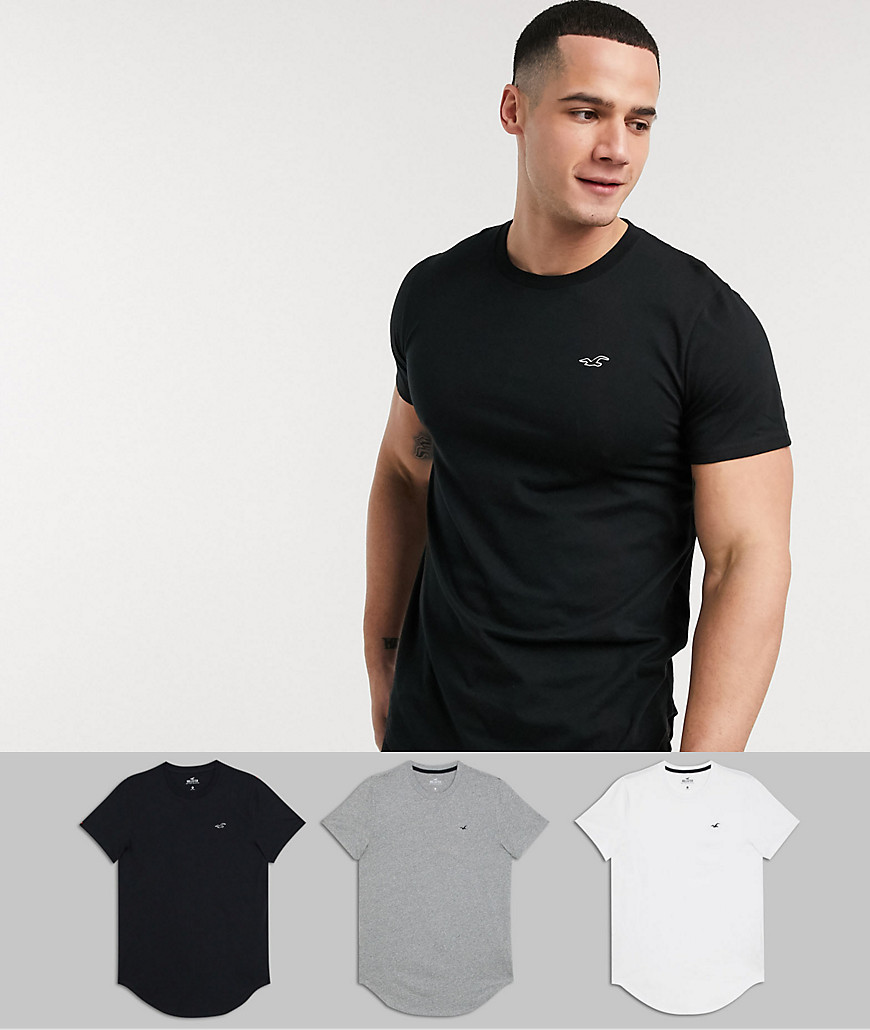Hollister - Confezione da 3 T-shirt slim con fondo arrotondato e logo a gabbiano bianco/grigio/nero-Multicolore