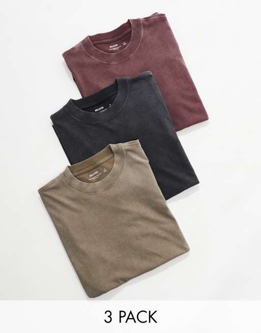 Hollister - Confezione da 3 t-shirt squadrate beige, bordeaux e nera