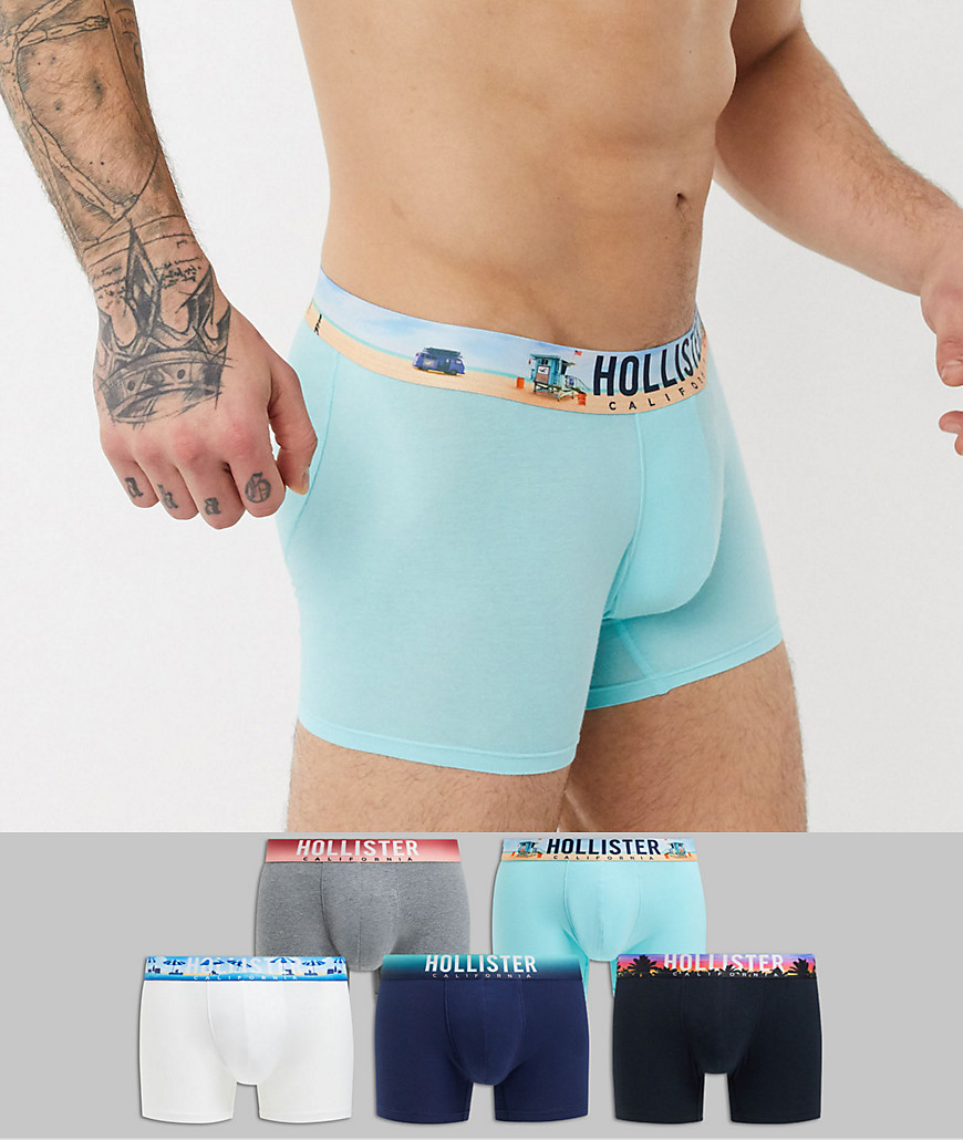 Hollister - Confezione da 5 boxer aderenti con elastico in vita con logo e stampa bianchi/blu/neri/grigi/verdi-Multicolore