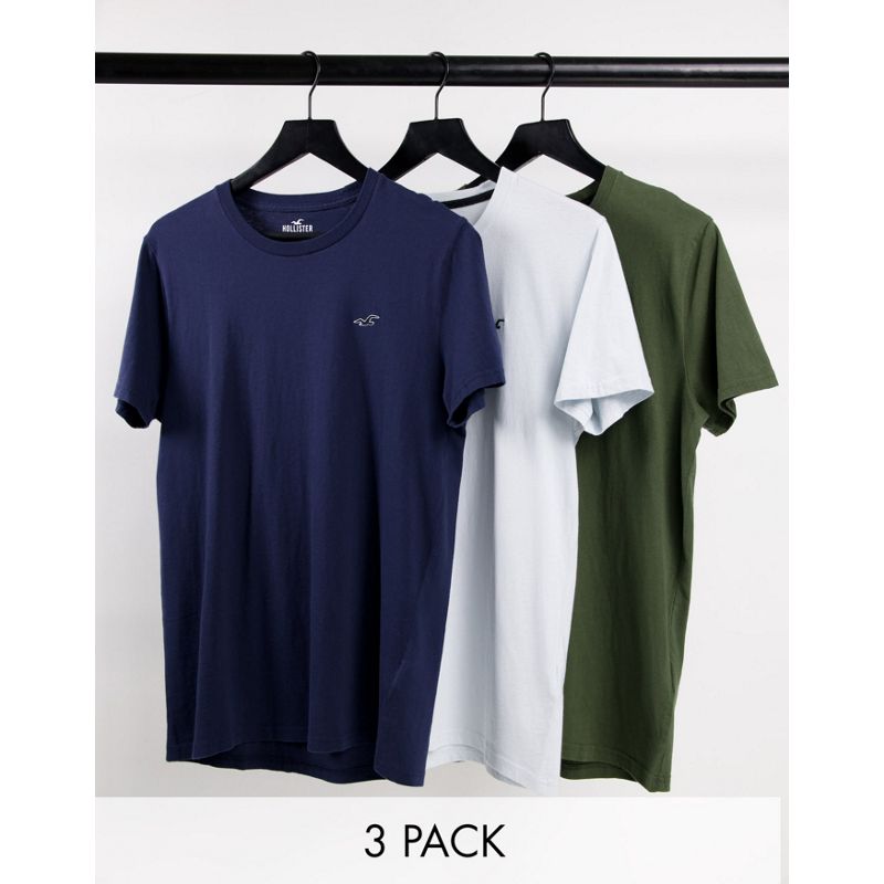 Hollister - Confezione da tre t-shirt blu navy, verde e blu con logo