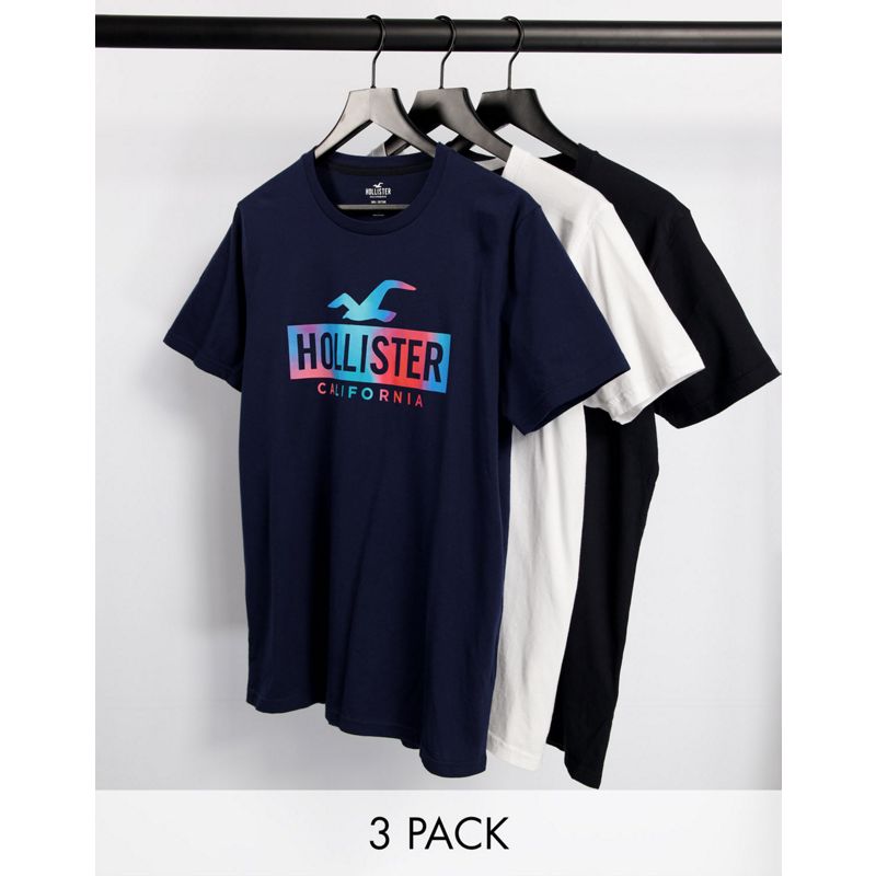 Uomo 92JvH Hollister - Confezione risparmio da 3 T-shirt bianco/blu navy/nero con logo riquadrato sfumato