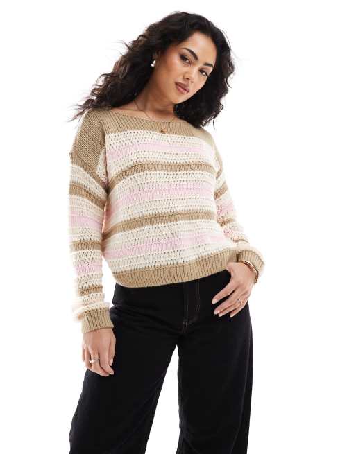 Hollister contrast slouchy off shoulder knit top in cream stripe
