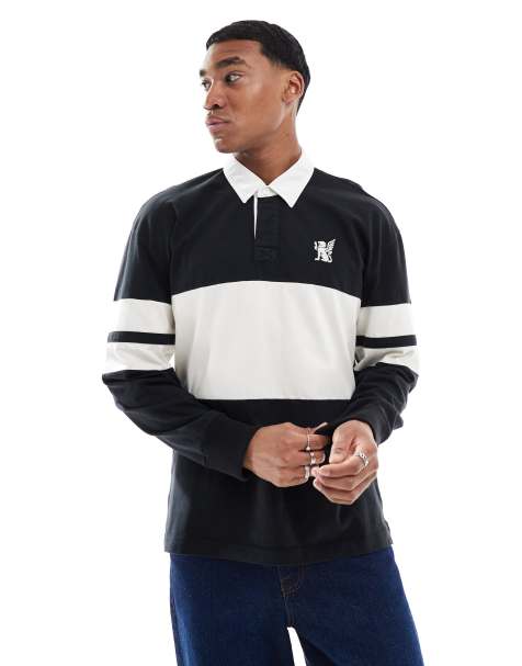 Hollister contrast stripe varsity logo rugby top in black multi - view 1