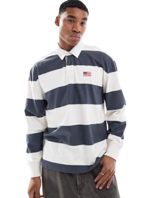 [Hollister] Hollister contrast stripe varsity logo rugby top in navy-Multi M MULTI