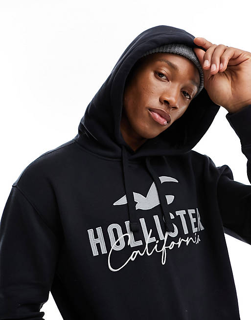 Hollister cord tech logo hoodie in black