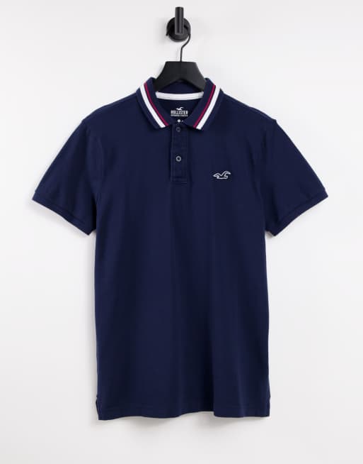 Hollister – Core Icon – Granatowa koszulka polo z piki z logo i lamówką