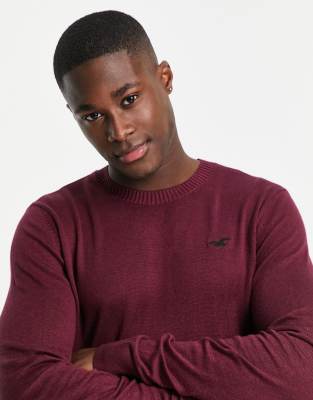 Hollister Core Icon Logo Tipped Crew Neck Knit Sweater In Burgundy