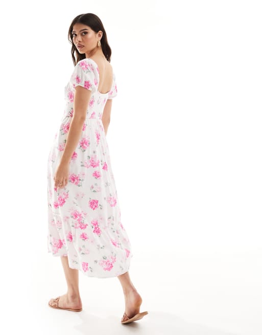 Hollister corset detail waist midi dress in white with pink floral print |  ASOS