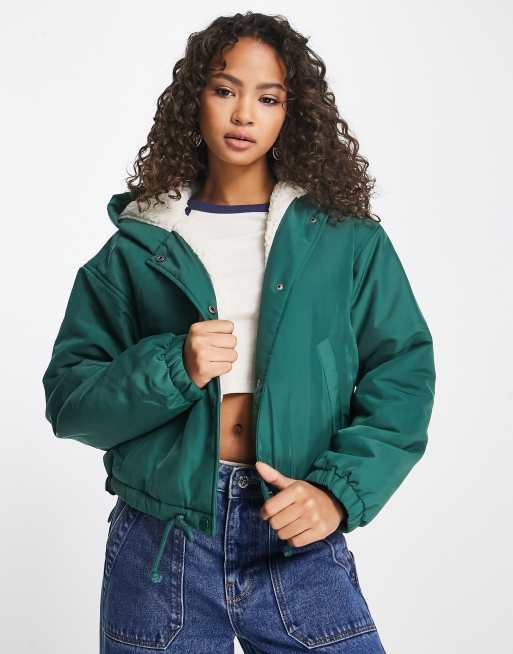 Hollister cosy lined hooded coach jacket in green | ASOS