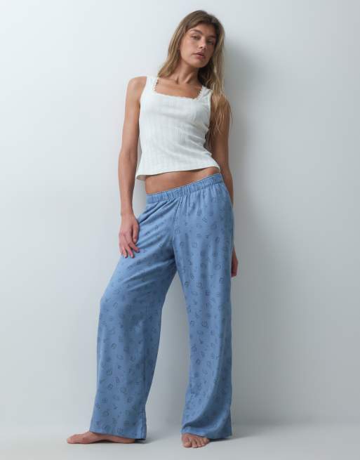 Hollister cosy wide leg flannel pyjama bottoms in blue print, 1 of 4