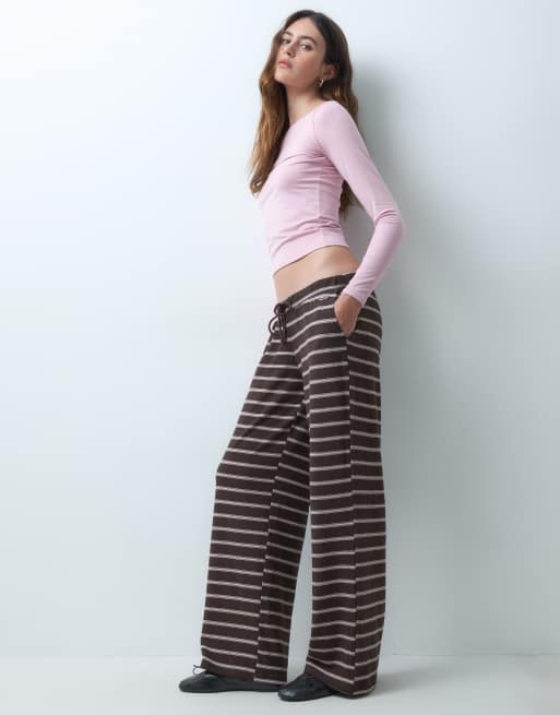 Hollister cosy wide leg trousers in brown stripe, 1 of 5