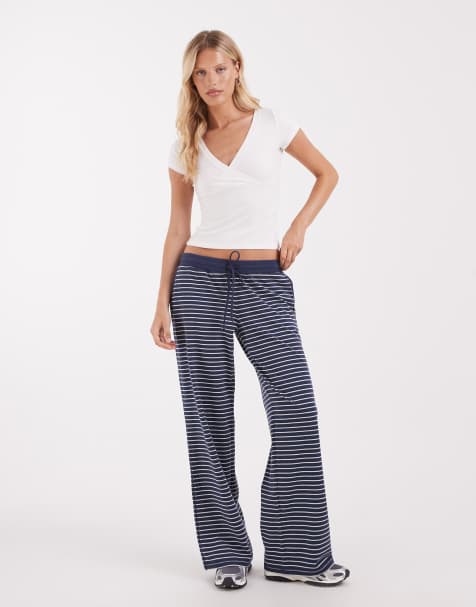 Hollister cosy wide leg trousers in navy stripe - view 1