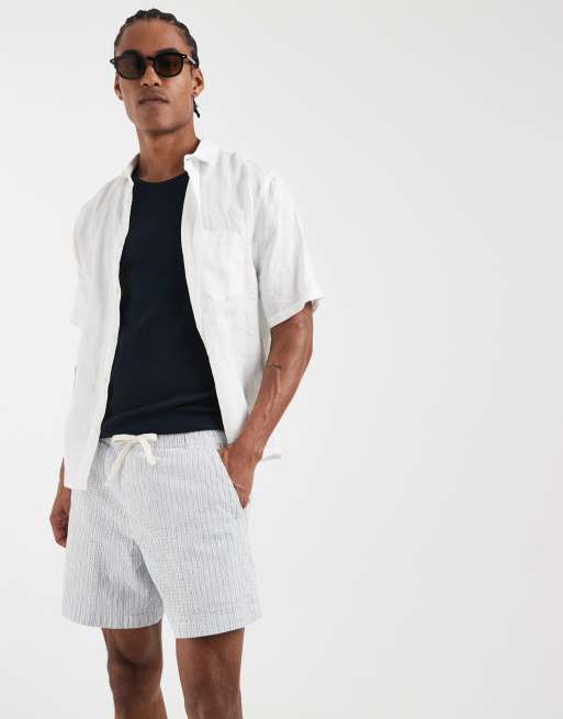 Hollister cotton linen blend seersucker pull on shorts in blue stripe