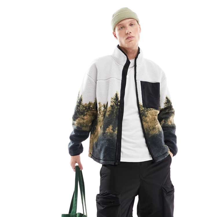 Hollister cozy borg tree print full zip jacket in cream ASOS