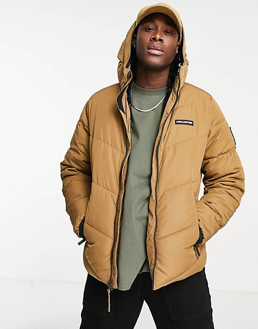 Hollister cozy lined hooded heavyweight puffer jacket in brown | ASOS