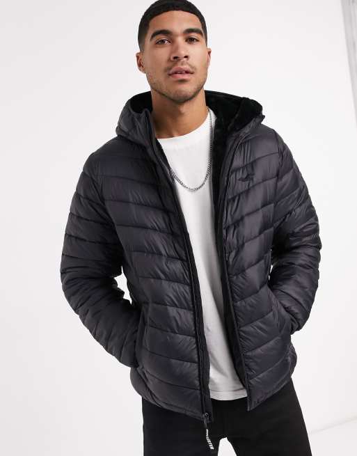 Hollister cozy lined hooded puffer jacket in black