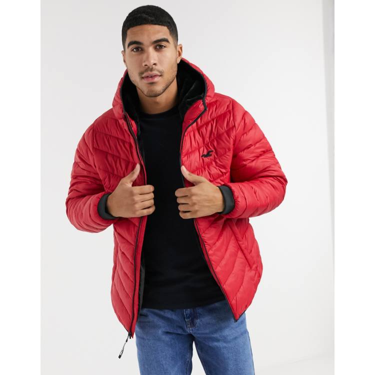 Hollister Sherpa Lined Puffer Jacket ($60) ❤ liked on Polyvore featuring  outerwear, jackets, coats, red, red hooded…