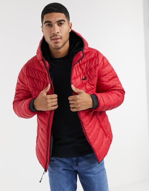 Hollister cozy lined hooded puffer jacket in red