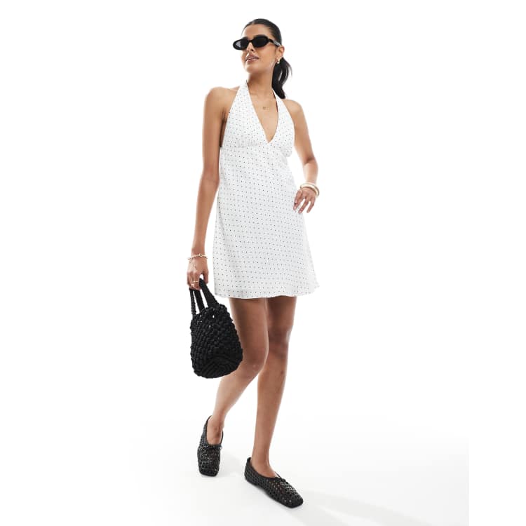 Hollister crepe halter neck mini dress in white and navy polka dots | ASOS