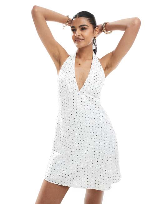 Hollister crepe halter neck mini dress in white and navy polka