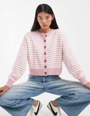 Hollister crew neck knitted cardigan in pink and white stripe