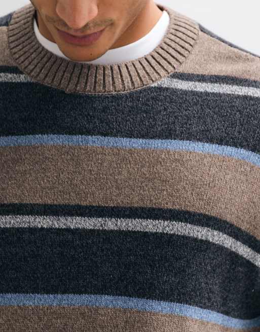 Hollister crew neck knitted jumper in black and brown stripe, 2 of 5