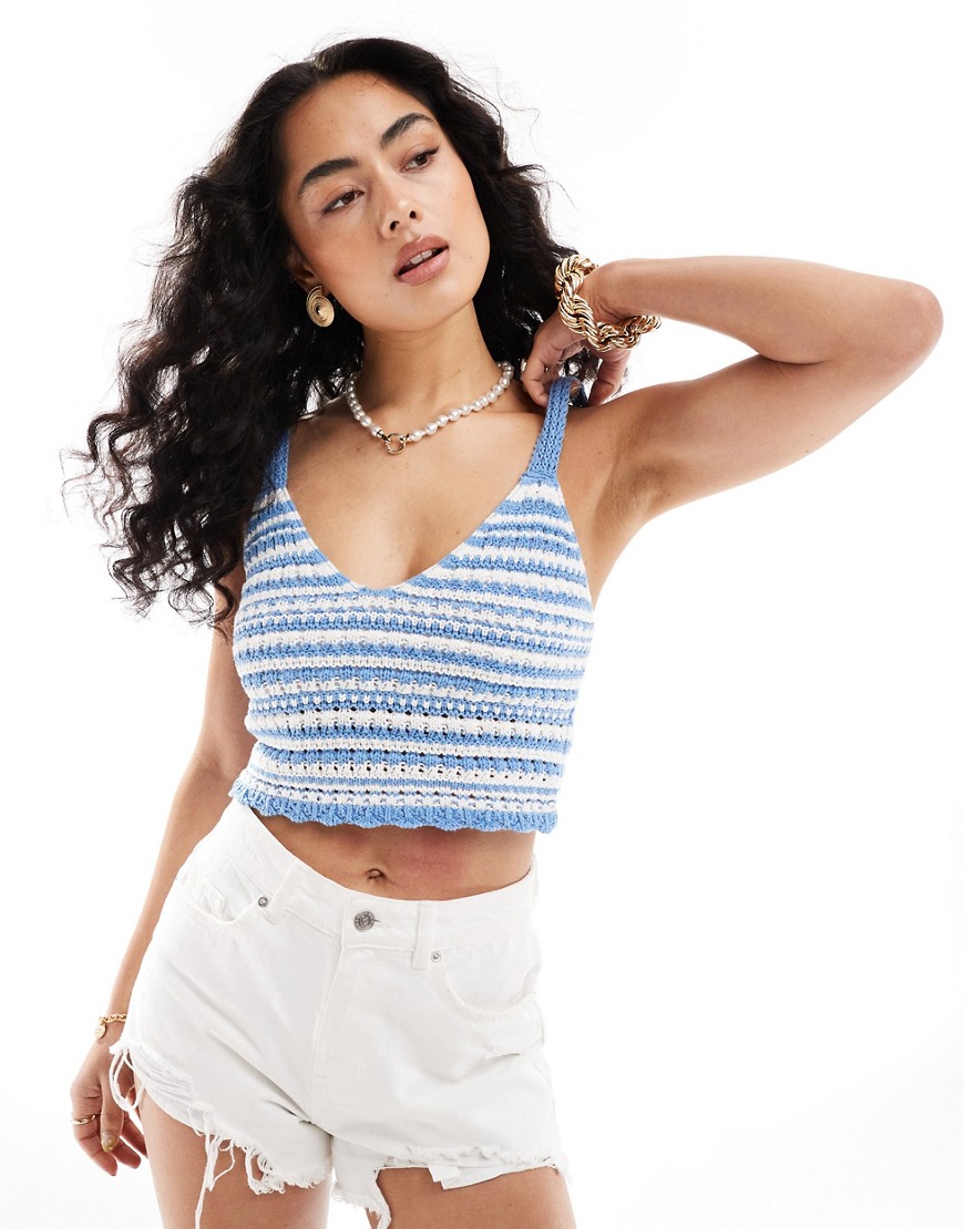 Hollister crochet crop top in blue and white stripe-Multi