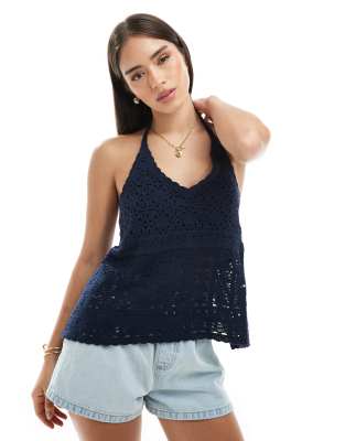 hollister crochet halterneck top in navy blue